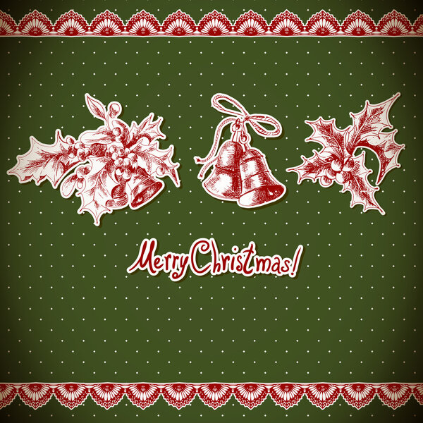 Christmas Holly and bell. Vintage background