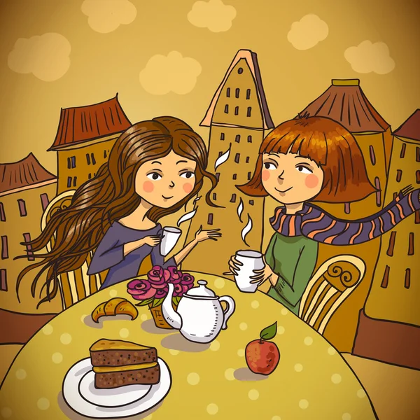 Two young women drinking coffee in cafe — Stock Vector