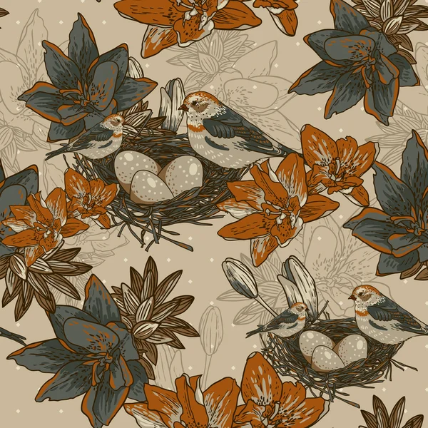 Naadloze floral achtergrond met bird — Stockvector