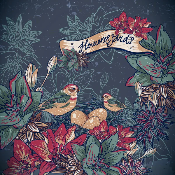Vintage fond floral avec des oiseaux — Image vectorielle