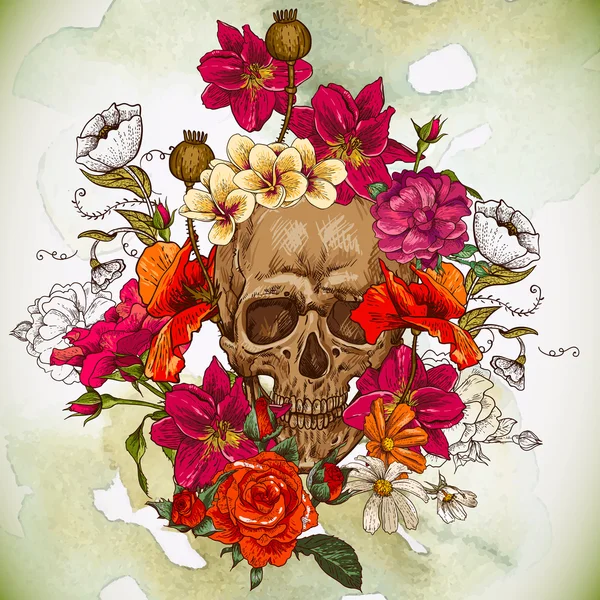 Skull and Flowers Day of The Dead — Stock Vector