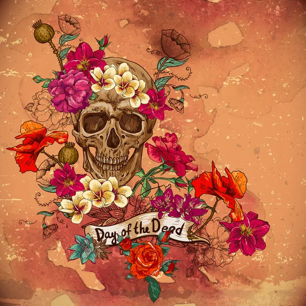 Crâne et fleurs Jour des morts — Image vectorielle