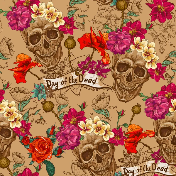 Calavera y flores Fondo sin costuras — Vector de stock