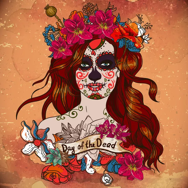 Girl With Sugar Skull, Day of the Dead — Stock Vector