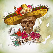 Totenschädel im Sombrero mit Blumen Tag der Toten