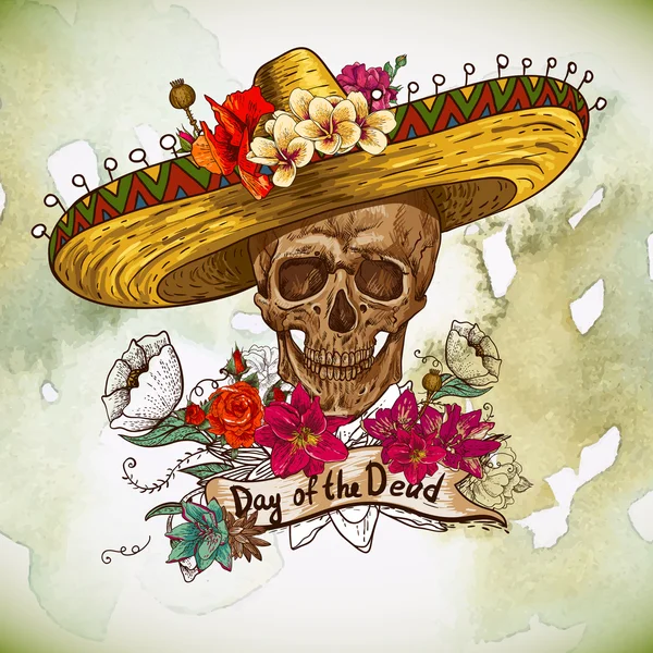 Calavera en sombrero con flores Día de los Muertos — Archivo Imágenes Vectoriales