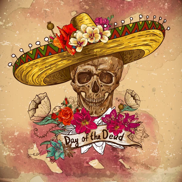 Calavera en sombrero con flores Día de los Muertos — Vector de stock