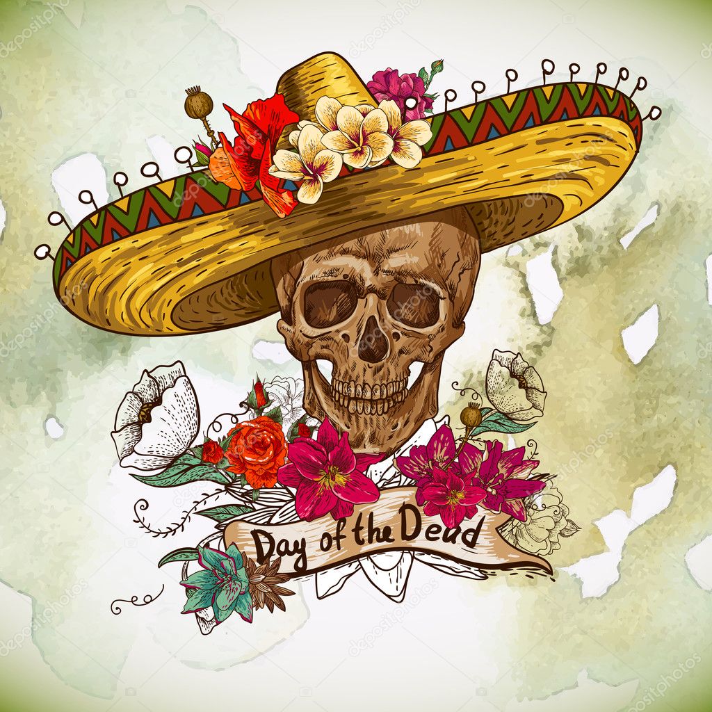 Skull in sombrero with flowers Day of The Dead