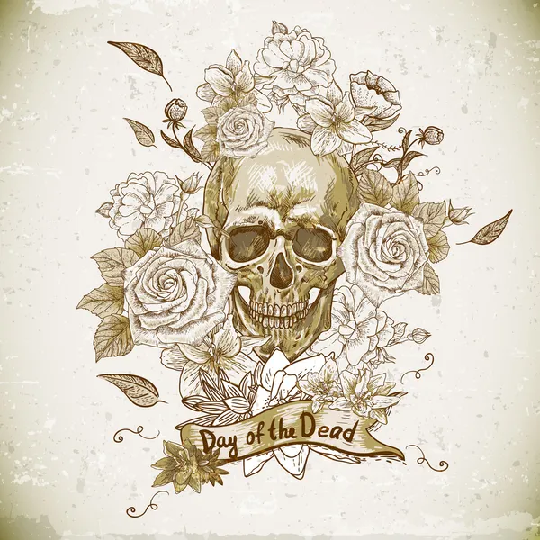 Crâne avec Roses Jour des Morts — Image vectorielle