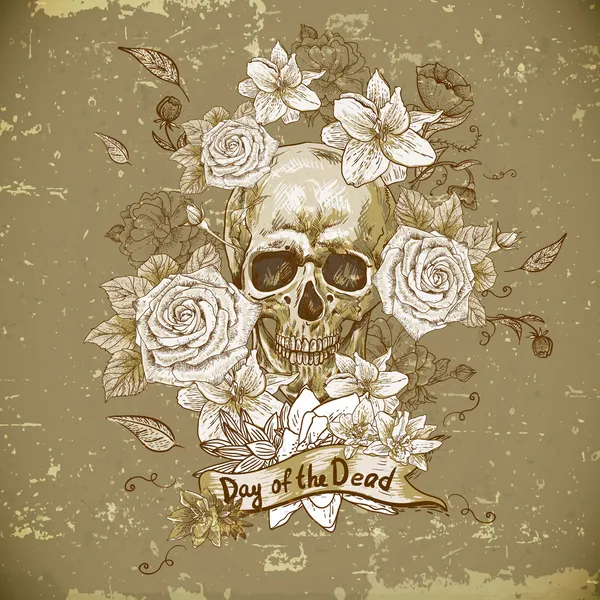 头骨与玫瑰一天死 — 图库矢量图片