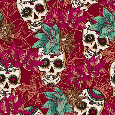 kafatası, Kalpler ve çiçekler sorunsuz arka plan