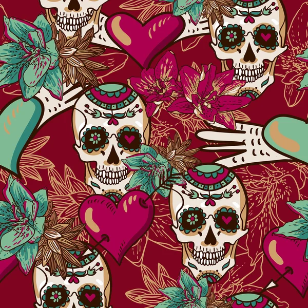 Calavera, corazones y flores Fondo sin costuras — Vector de stock