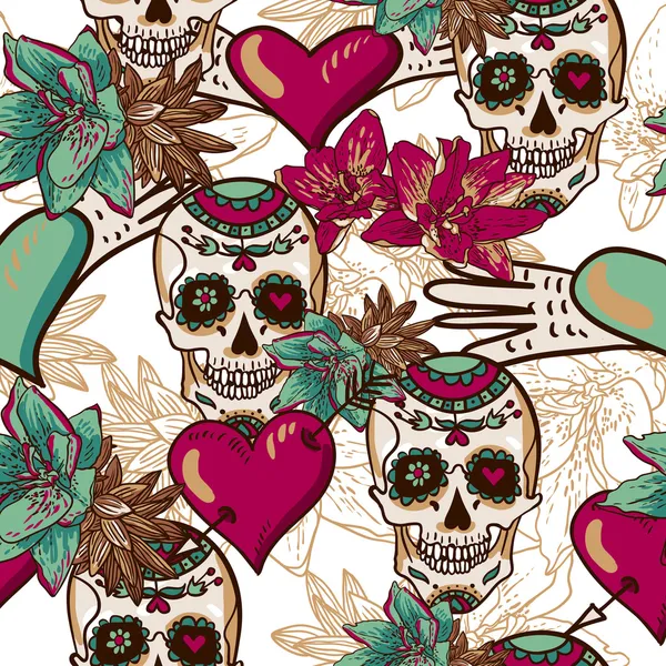 Calavera, corazones y flores Fondo sin costuras — Vector de stock