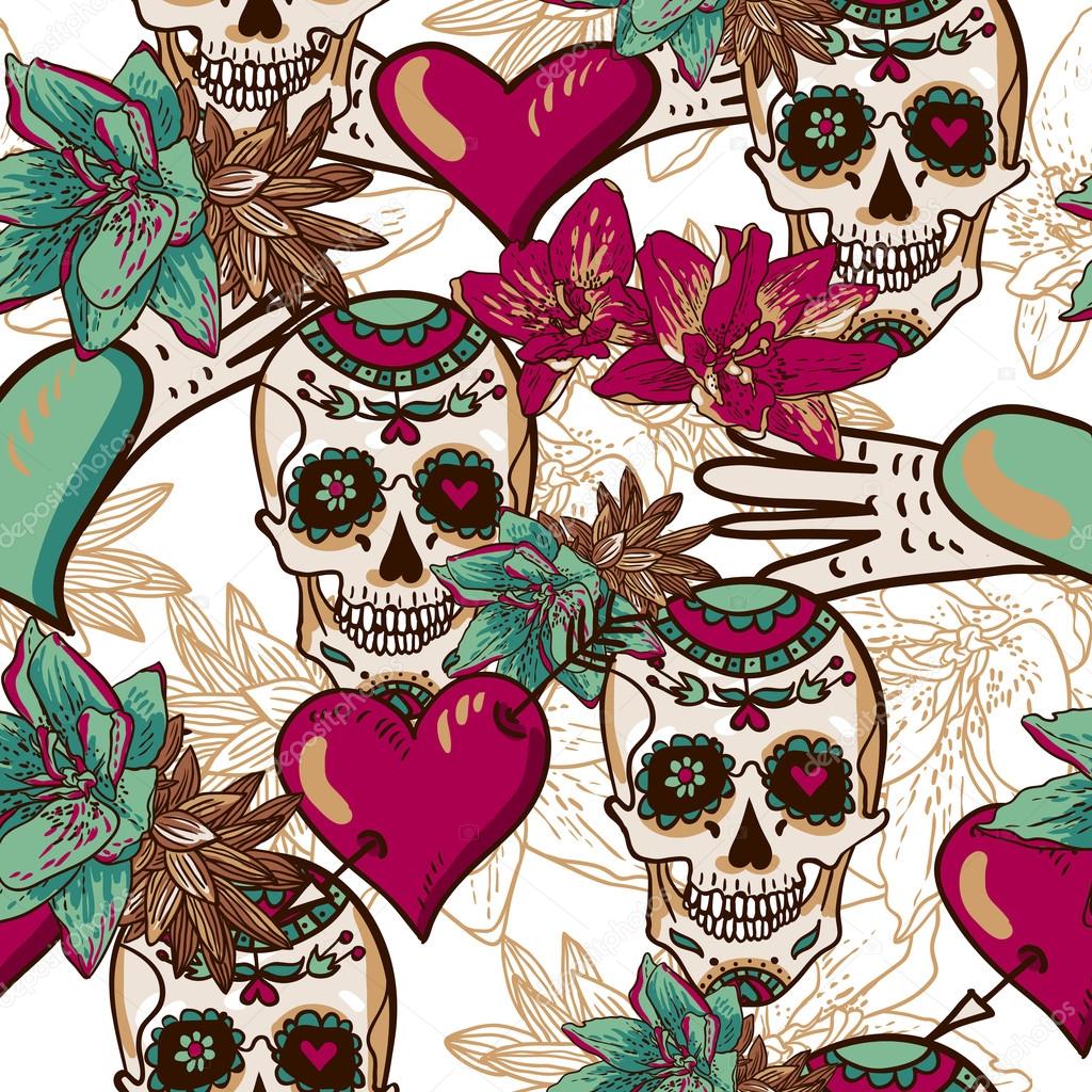 Skull, Hearts and Flowers Seamless Background