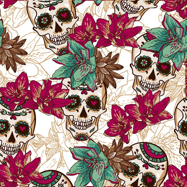 Calavera, corazones y flores Fondo sin costuras — Vector de stock