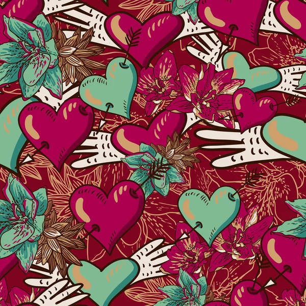 Corazones y flores Fondo sin costuras — Vector de stock