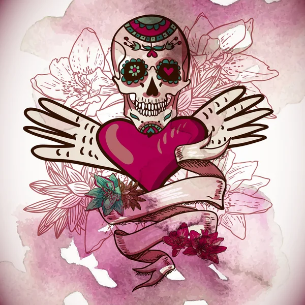 Calavera, corazones y flores Vector Ilustración — Vector de stock