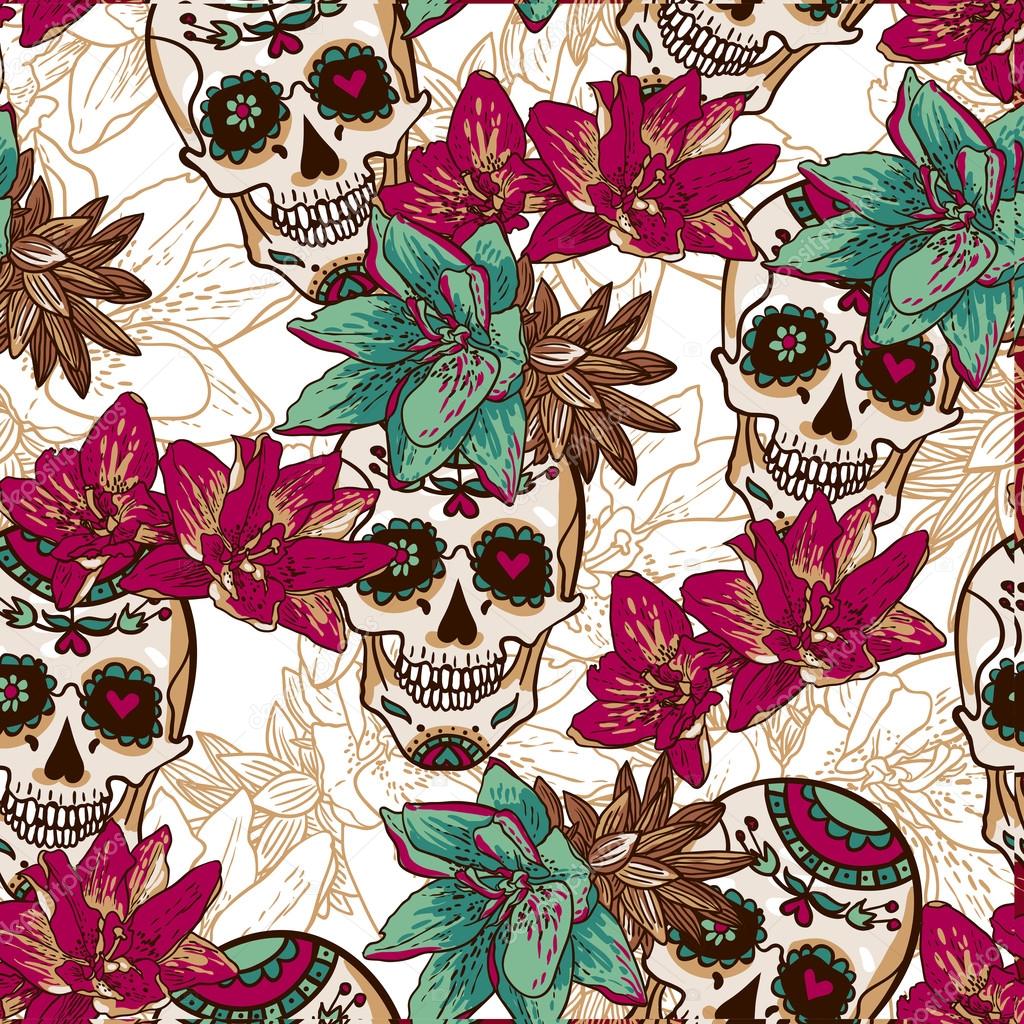 Skull, Hearts and Flowers Seamless Background