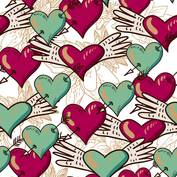 Corazones y flores Fondo sin costuras — Vector de stock