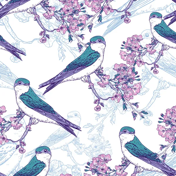 Modèle de cerise de printemps sans couture avec des oiseaux — Image vectorielle