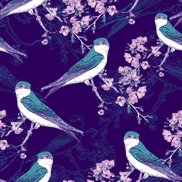 Безшовний весняний вишневий візерунок з птахами — стоковий вектор
