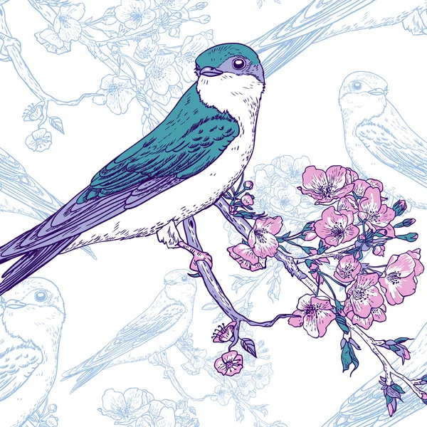 Primavera cereza fondo con aves — Vector de stock