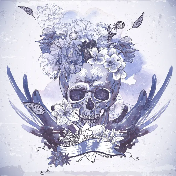 頭蓋骨、翼および花と抽象的な背景 — ストックベクタ