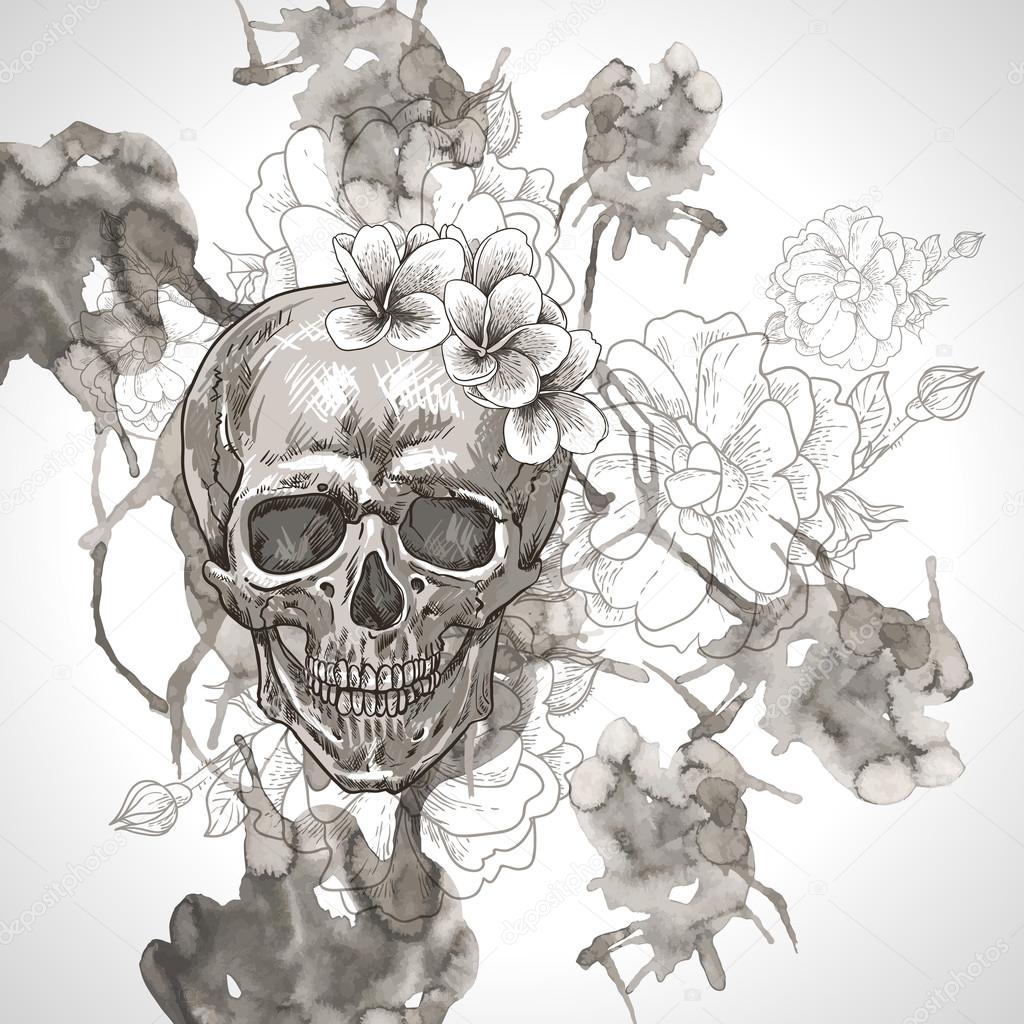 Abstract Background with Skull, Wings and Flowers