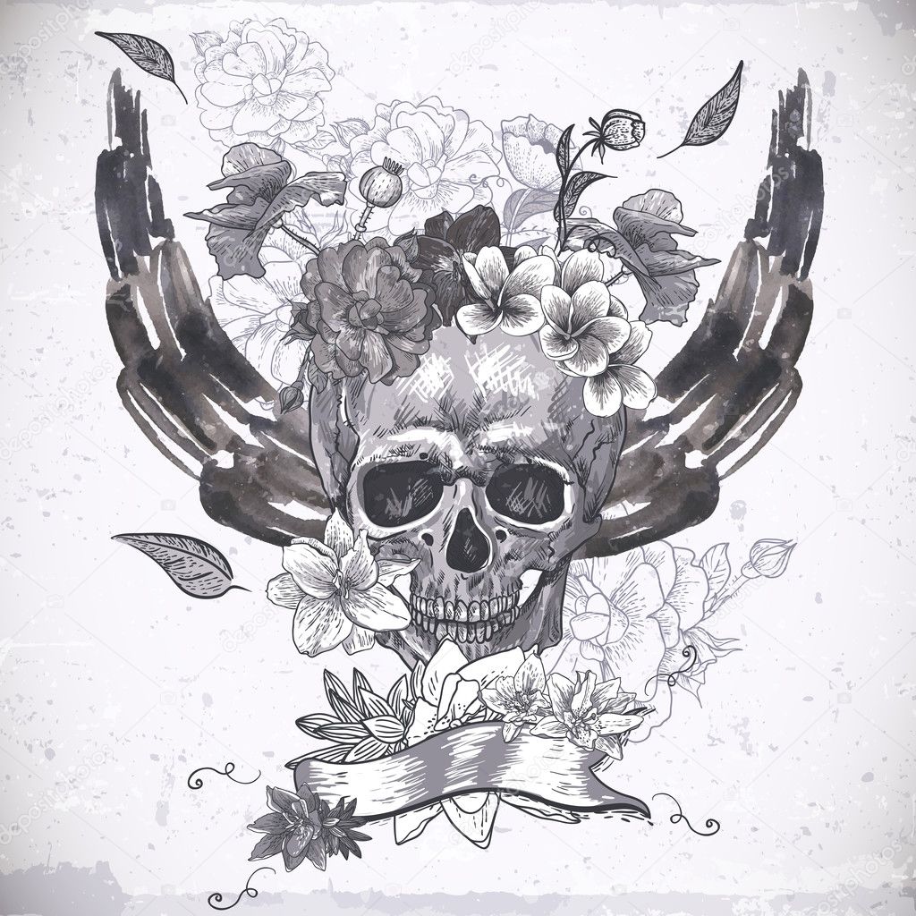 Abstract Background with Skull, Wings and Flowers
