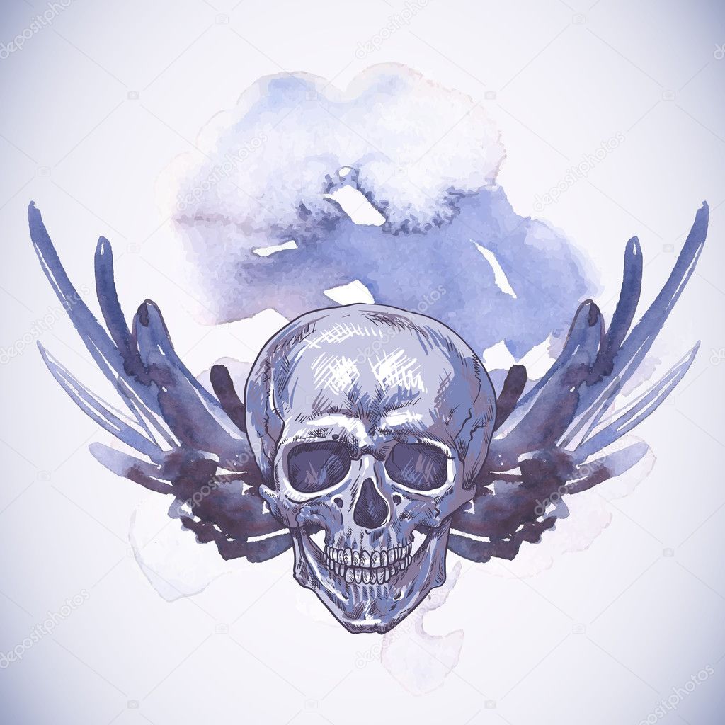 Abstract Background with Skull, Wings and Flowers