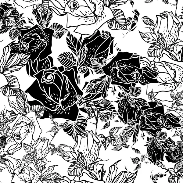 Varrat nélküli fekete-fehér háttér, rózsákkal — Stock Vector