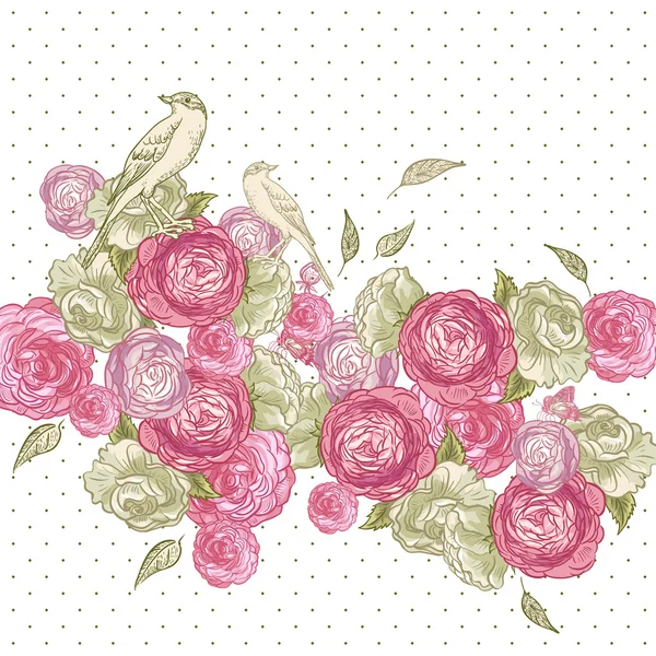 Fondo rosa con aves y mariposas — Vector de stock