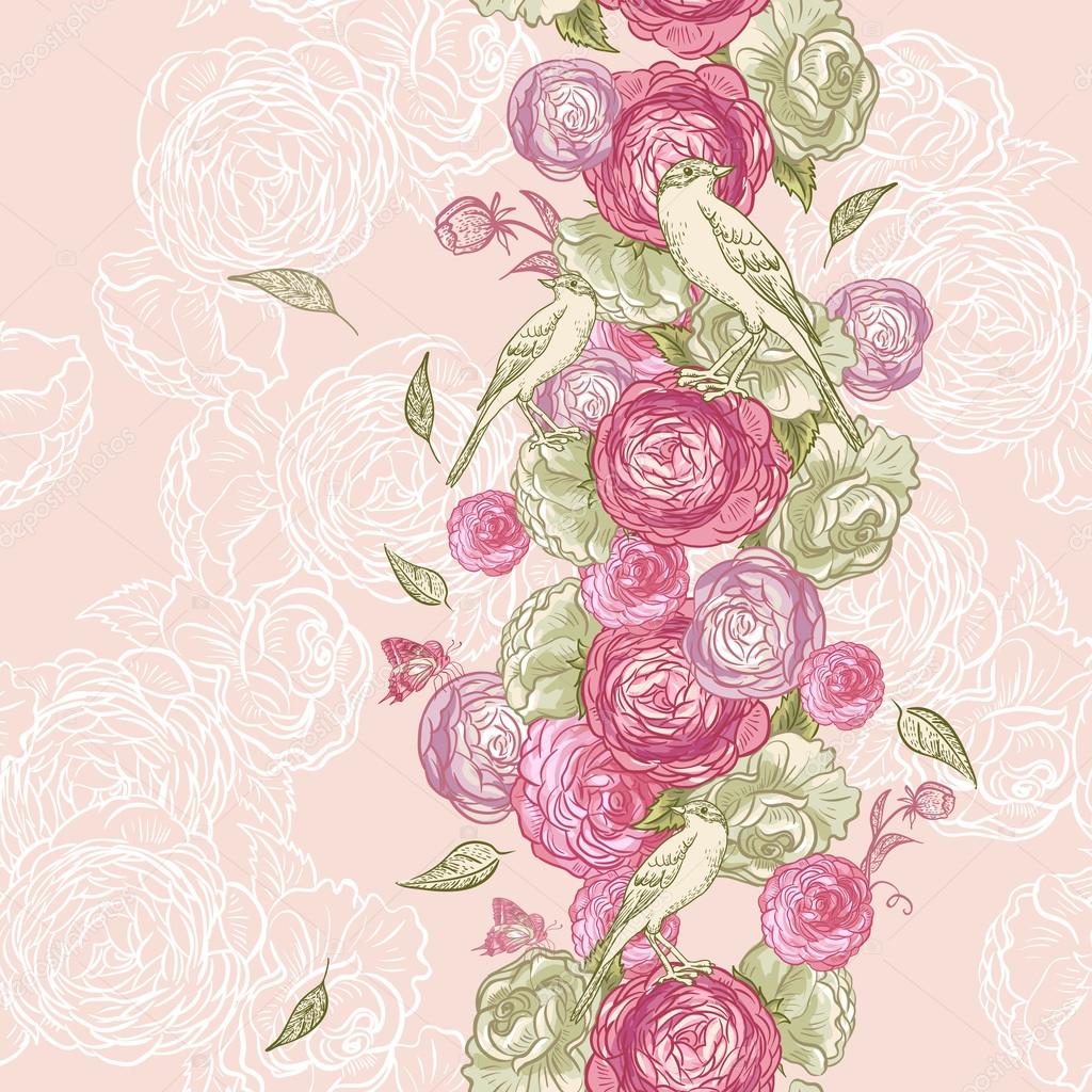 Rose Seamless Background with Birds