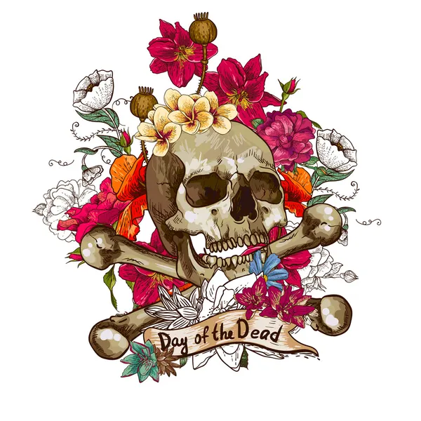 Calavera y flores Vector Ilustración — Archivo Imágenes Vectoriales