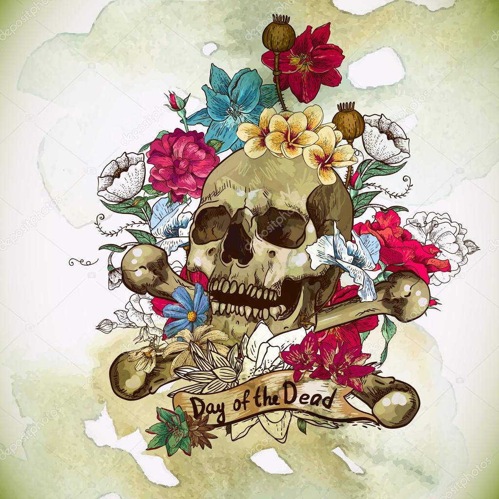 Skull and Flowers Vector Illustration