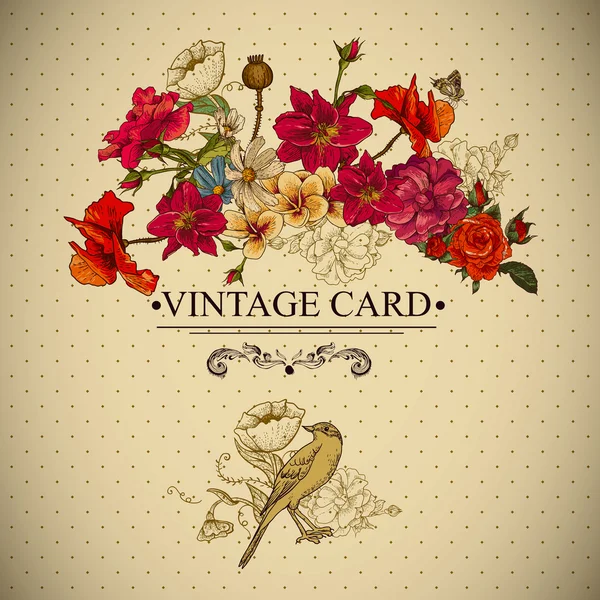 Tarjeta Floral Vintage con Aves y Mariposas . — Archivo Imágenes Vectoriales