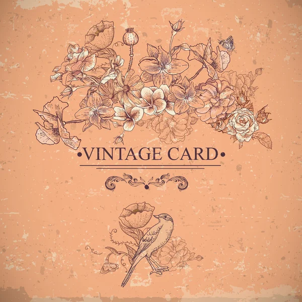 Tarjeta Floral Vintage con Aves y Mariposas . — Archivo Imágenes Vectoriales