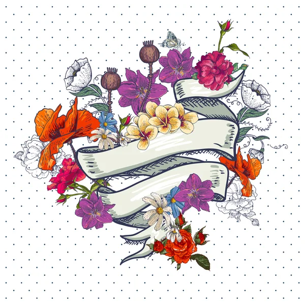 Carte florale vintage avec ruban — Image vectorielle