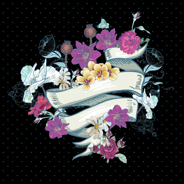 Cartão floral vintage com fita — Vetor de Stock