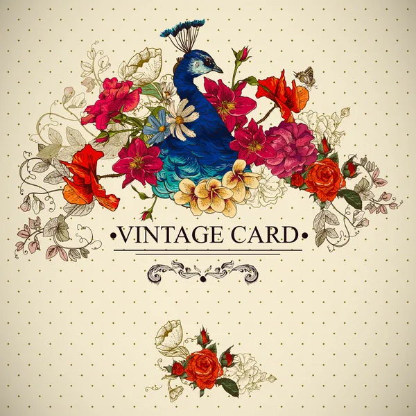 Blumen-Vintage-Karte mit Pfau — Stockvektor