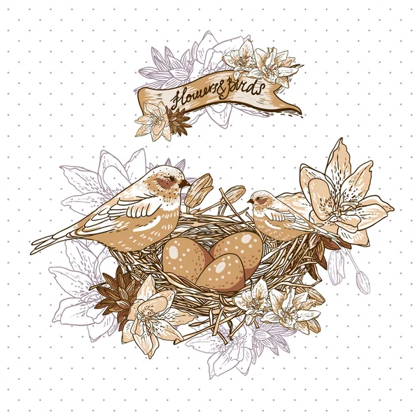 Ročník květinové pozadí s ptáky a hnízdo — Stockový vektor