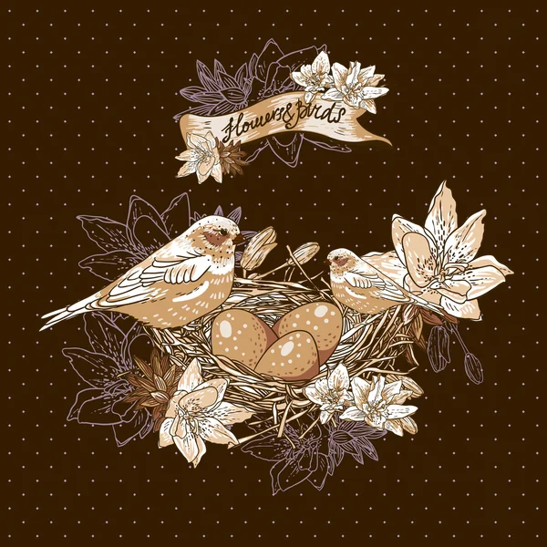 Vintage floral background with birds and nest — Stock Vector