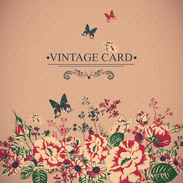 Vintage Floral Card with Butterflies. — Stock Vector