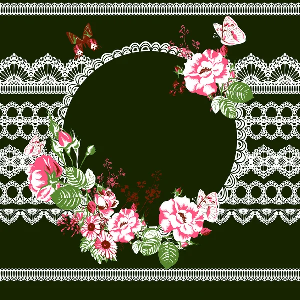 Fondo de encaje floral vintage con rosas — Vector de stock