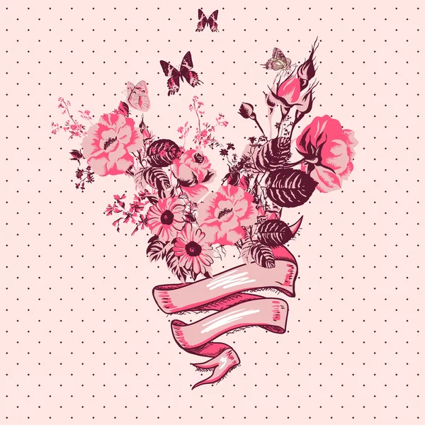 Εκλεκτής ποιότητας floral κάρτα με κορδέλα — Διανυσματικό Αρχείο