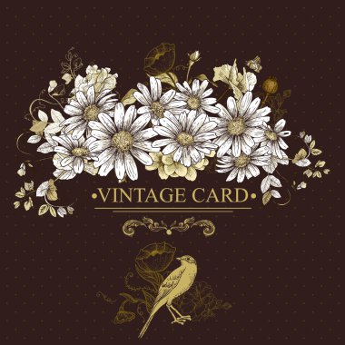 kuşlar ve papatyalar Vintage çiçek kartı