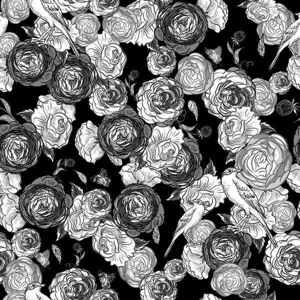 Vintage seamless monochrome roses pattern — Stock Vector