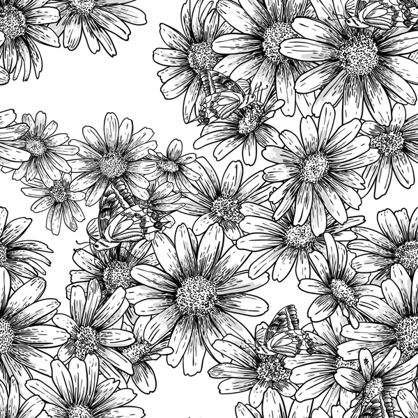 Vintage seamless monochrome pattern with daisies — Stock Vector