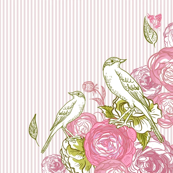 Tarjeta Floral Vintage con Aves y Mariposas — Archivo Imágenes Vectoriales