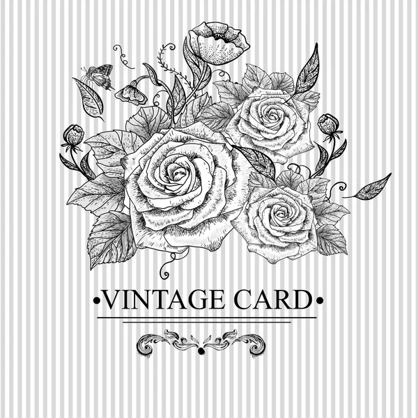 Carte florale vintage avec roses et papillons . — Image vectorielle